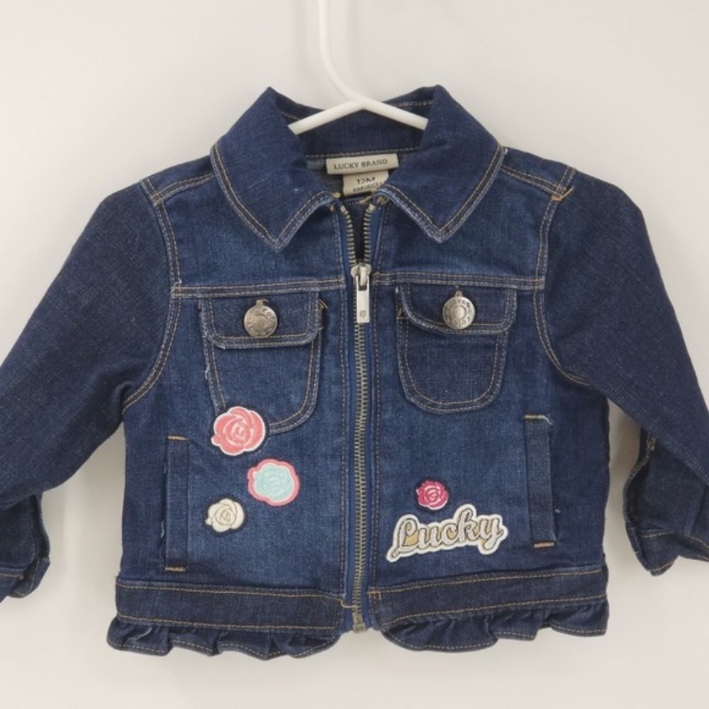Lucky Brand Zip Up Jean Jacket w Flower Embroidery